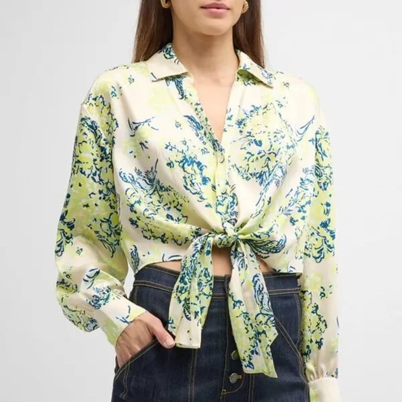Cinq à Sept Marianna Bouquet-Print Cropped Shirt Blue White Green Size Small - Picture 1 of 12